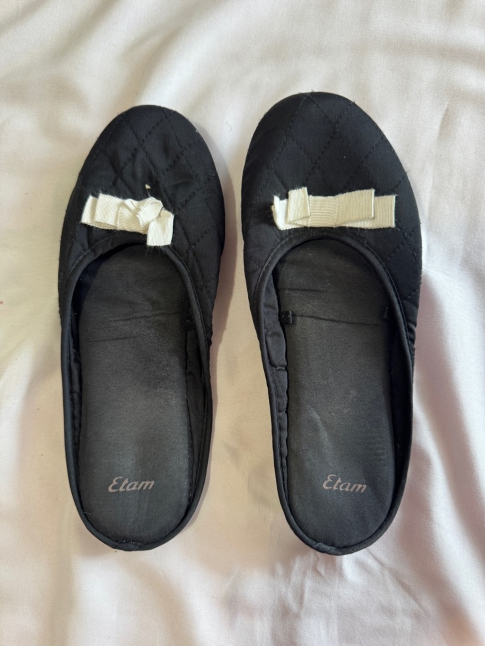Etam Black Quilted Ballet Flats House slippers  with Cream Bow Accent